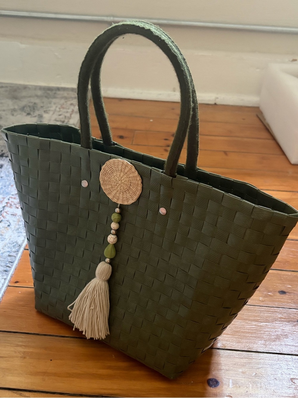 Olive Green Woven Tote Bag with Tassel Charm